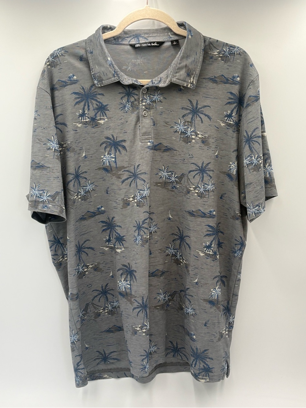 TravisMathew Men’s XL Gray‎ Blue Tropical Palm Print Golf Polo Shirt
